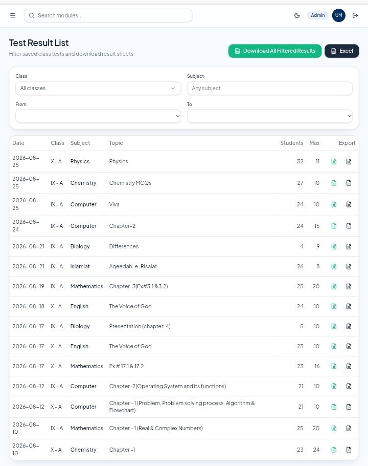 EduCore ERP Test Results screen