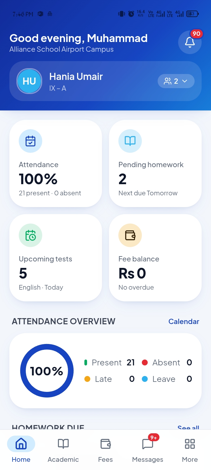 EduCore ERP parent app home screen showing student attendance, homework, upcoming tests, fee balance and attendance overview chart